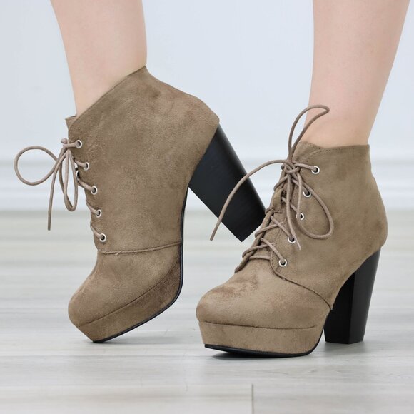 Womens Ankle Boots Lace Up Block Heel Booties Taupe Brown Suede - Picture 6 of 11